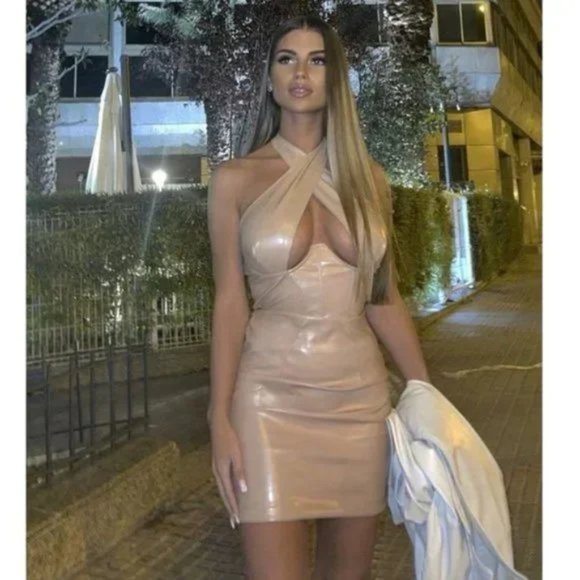 Nude Vegan Leather Faux Leather Sleeveless Halter Neck Bodycon Mini Dress - Picture 13 of 17